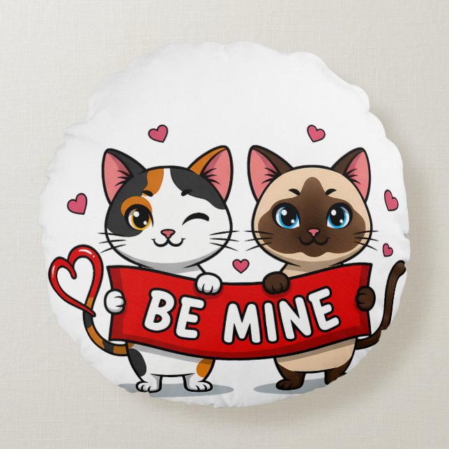 Almofada Redonda BE MINE Valentine's Cats | Cute Kittens with Love (Frente)