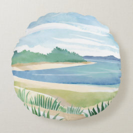Almofada Redonda Beach Grass Bay | Watercolor Ocean Coastal Sea