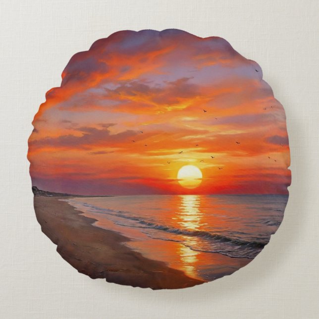 Almofada Redonda Beach Purple Orange Sunset Round Throw Pillow (Frente)