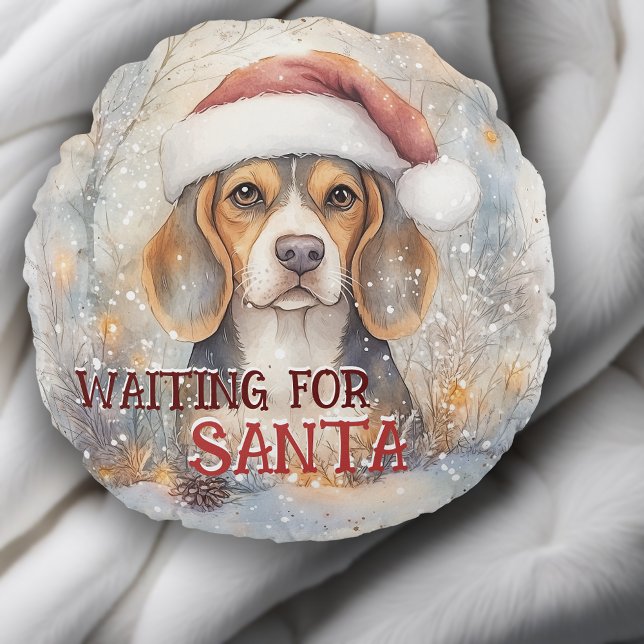 Almofada Redonda Beagle Christmas À Espera De Papais noeis Cão Aqua (Personalize this Beagle Christmas Waiting For Santa Dog Watercolor Round Pillow)