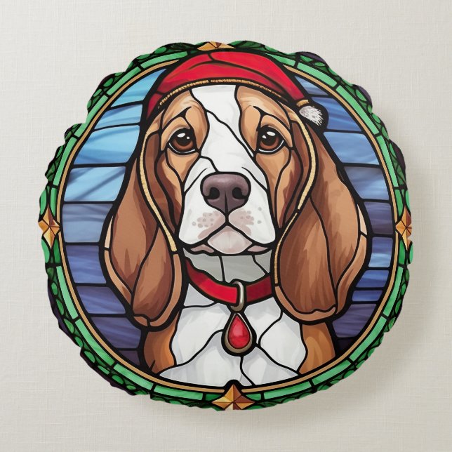 Almofada Redonda Beagle Stainle Glass Natal (Frente)