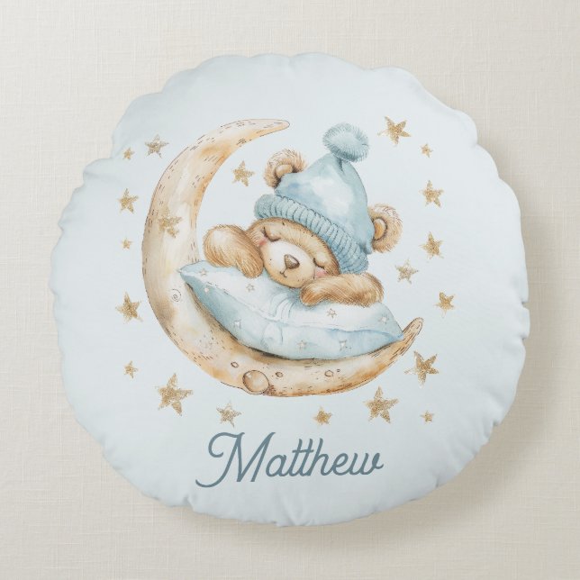 Almofada Redonda Bear Boy Baby Blankets Lua Storas Nome Azul (Frente)