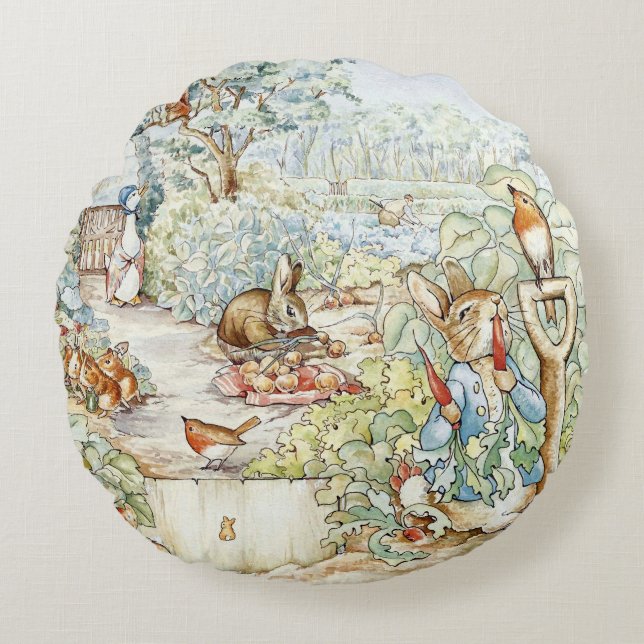 Almofada Redonda Beatrix Potter Storybook Characters Garden (Frente)