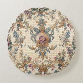 Almofada Redonda Beautiful, Blue Beigi Gold Ornament Flowers