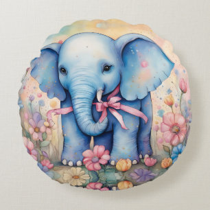 Almofada Redonda Bebê Elefante Adorável Em um Jardim Pastel