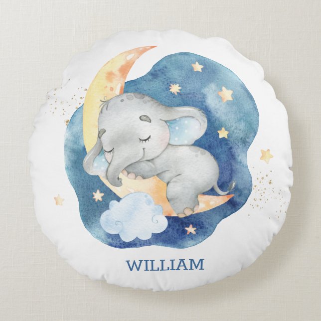 Almofada Redonda Bebê Elefante Adormecido Lua Estrelas Menino Quart (Frente)