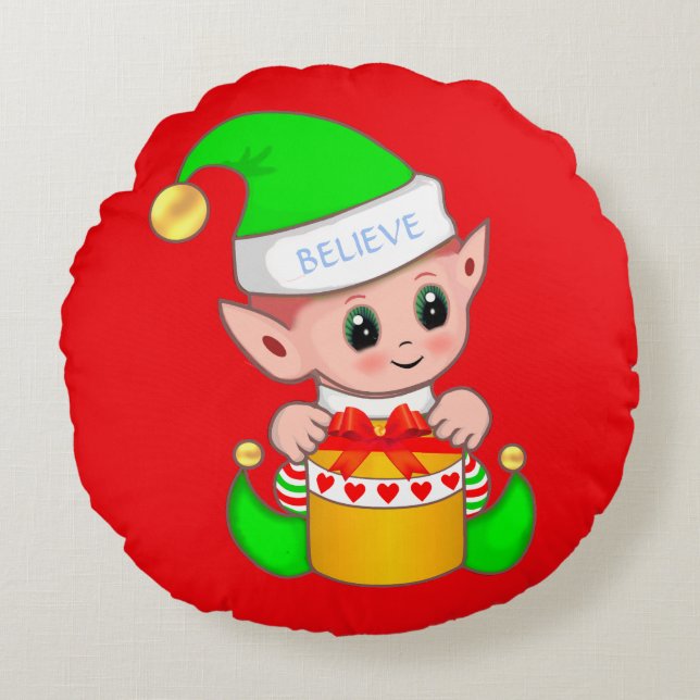 Almofada Redonda Bebê Elfo de Natal Fofo em Vermelho (Frente)