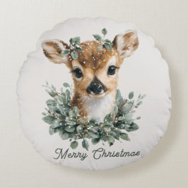 Almofada Redonda Bebê Veado Fofo Natal Feliz – Fawn Aquarela