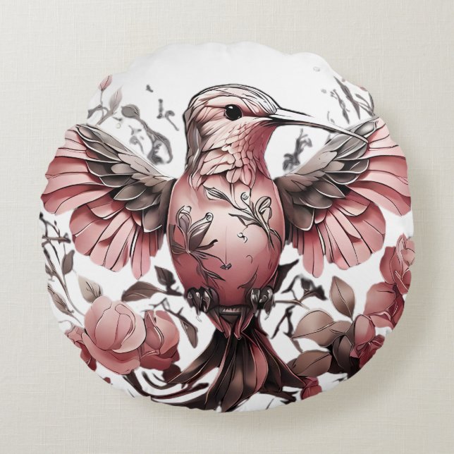 Almofada Redonda Beija-flor-doce no galho (Frente)