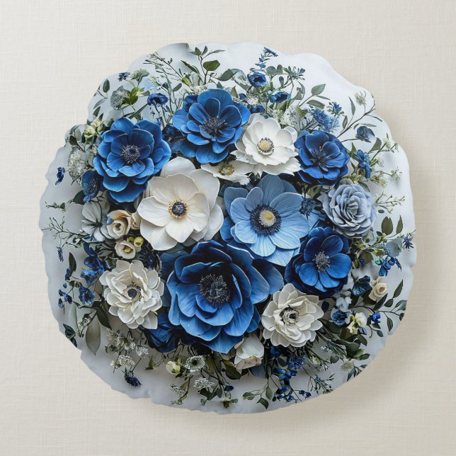 Almofada Redonda Bela Arranjo Floral Azul e Branco (Frente)