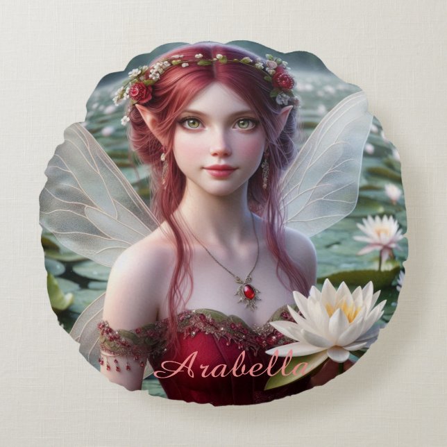 Almofada Redonda Bela fada de julho em lírios-aquáticos (Frente)