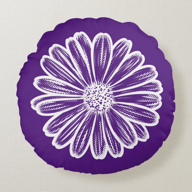 Almofada Redonda Bela Flor de Margarida, Ilustração em Meios-Tons (Frente)