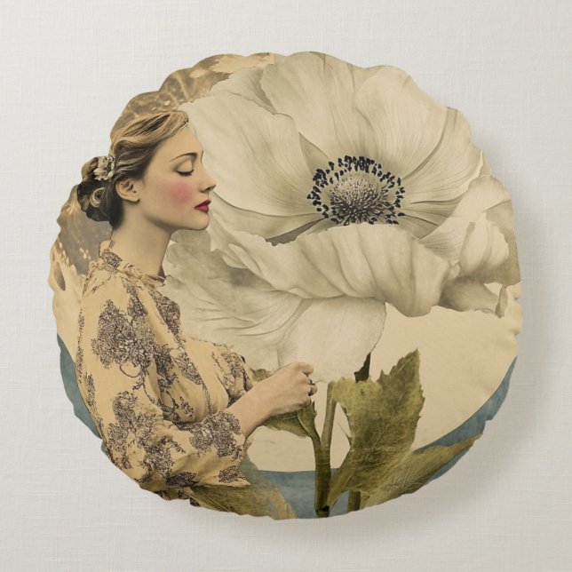 Almofada Redonda Bela Lua - Mulher com Flor Branca e Lua (Frente)