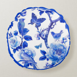 Almofada Redonda Beleza Floral Azul e Branco