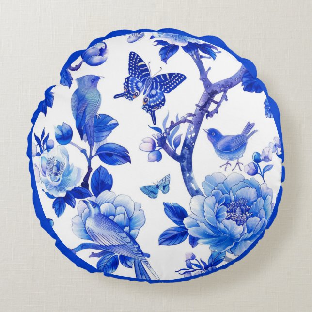 Almofada Redonda Beleza Floral Azul e Branco (Frente)