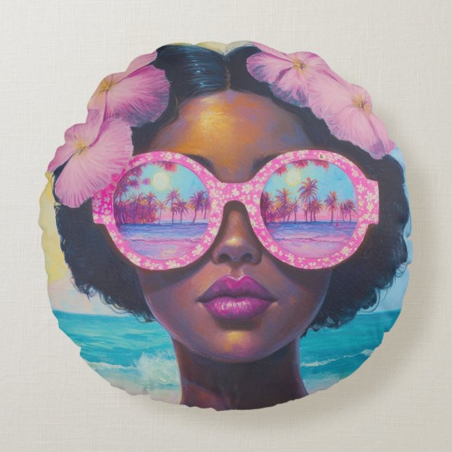 Almofada Redonda Beleza tropical em tons de rosa (Frente)