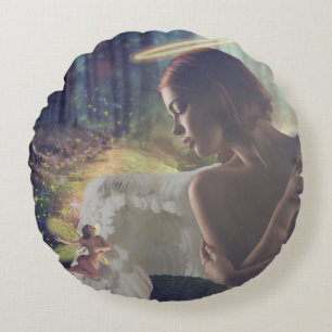Almofada Redonda Belo Anjo com a Fada Fantasy Art