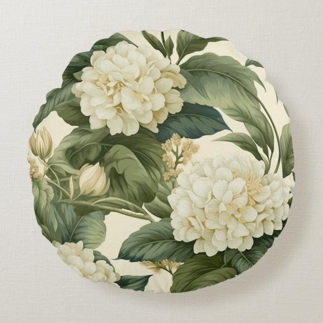 Almofada Redonda Belo padrão floral branco clássico (Frente)