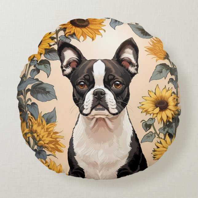 Almofada Redonda Belo Sol Amarelo de Boston Terrier (Frente)