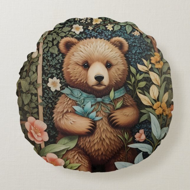 Almofada Redonda Belo Urso Castanho William Morris Inspirou (Frente)