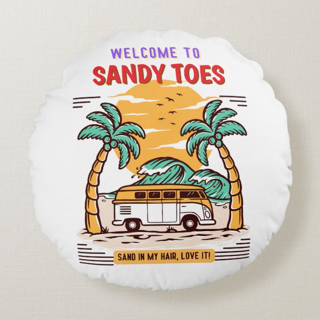 Almofada Redonda Bem-vindo a Sandy Toes Summer Beach  (Frente)