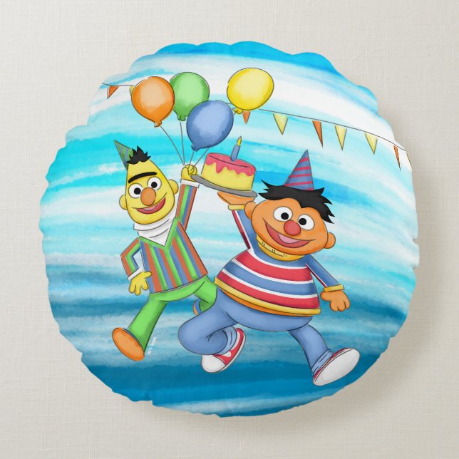 Almofada Redonda Bert e Ernie Birthday Balloons (Frente)