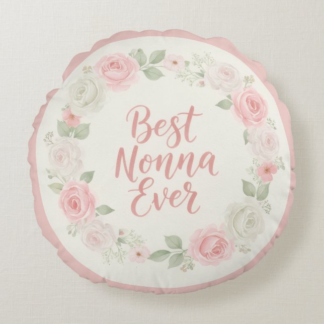 Almofada Redonda Best Nonna Ever Pink & Green Floral Wreath (Frente)