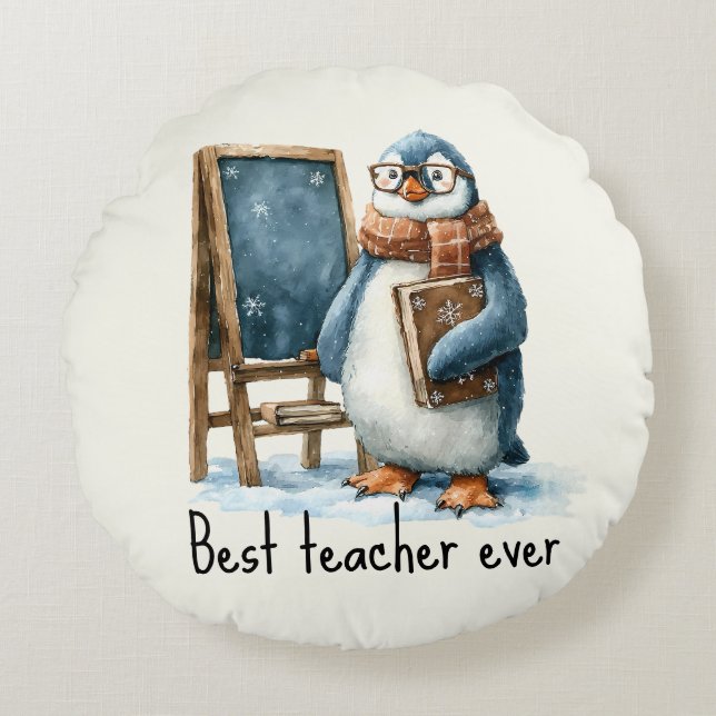 Almofada Redonda Best Teacher Ever Winter Penguin Design (Frente)