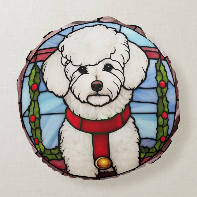 Almofada Redonda Bichon Frise StainGlass Natal (Verso)