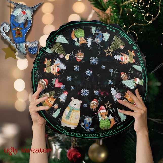 Almofada Redonda Bichos bonitinhos de natal suados (Ugly Sweater Christmas cute Animals Round Pillow (Front))