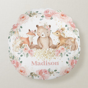 Almofada Redonda Bichos-de-madeira Pastel Blush Floral Dourado