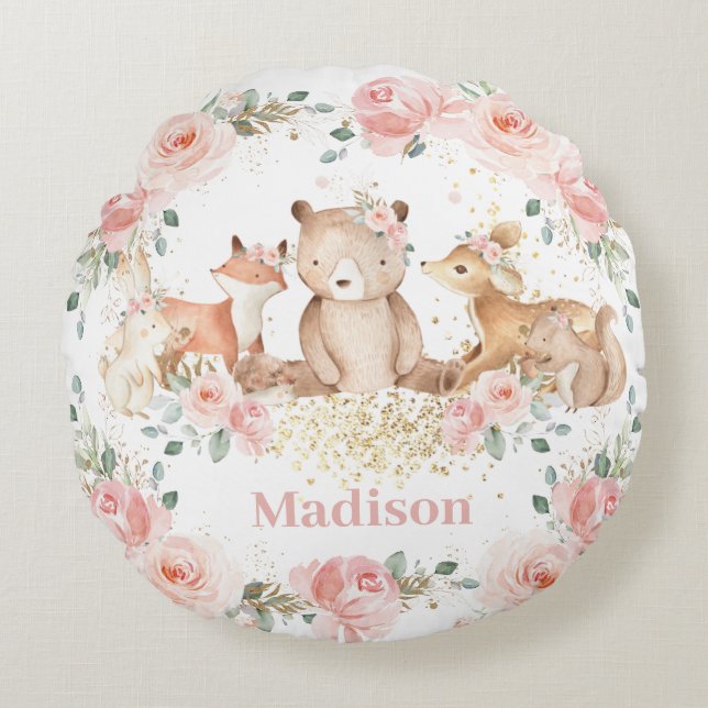 Almofada Redonda Bichos-de-madeira Pastel Blush Floral Dourado    (Frente)