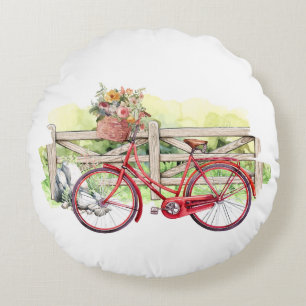 Almofada Redonda Bicicleta Vermelha com Aquarela de Flores