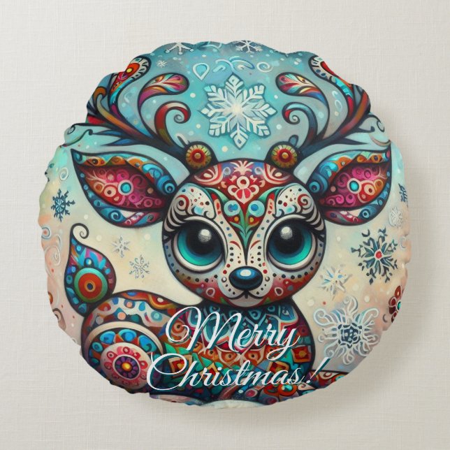 Almofada Redonda Big Eye Christmas Reindeer Folk Art Personalized (Frente)