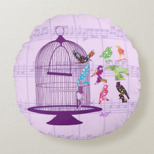 Almofada Redonda Birdcage roxo & travesseiro redondo da partitura
