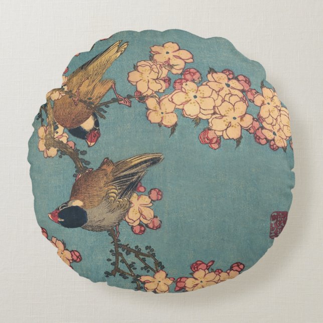 Almofada Redonda Birds Flowers Hokusai Art Japonês (Frente)