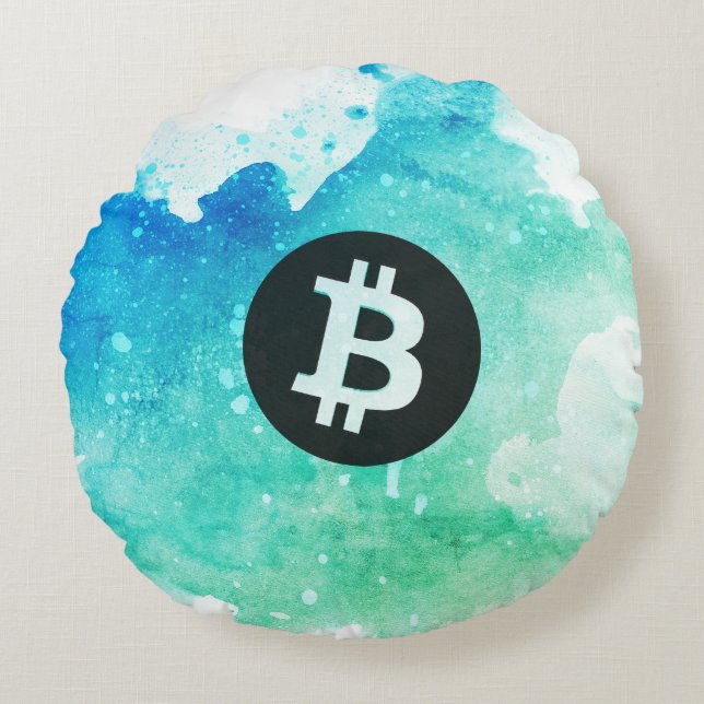 Almofada Redonda Bitcoin Aquarela (Estilo 5 - Wave Rider) (Frente)
