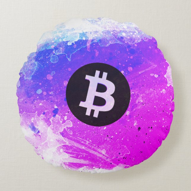 Almofada Redonda Bitcoin Watercolor (Style 6 - Miami Beach) (Frente)