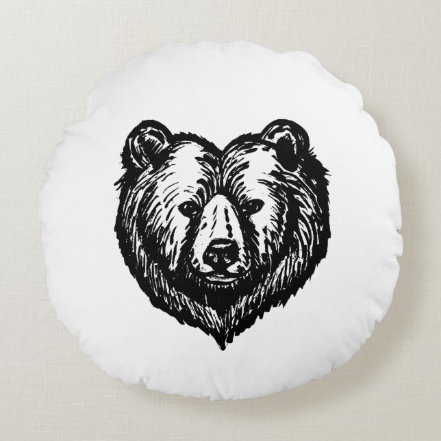 Almofada Redonda Black and White Bear's Face Ink Drawing (Frente)