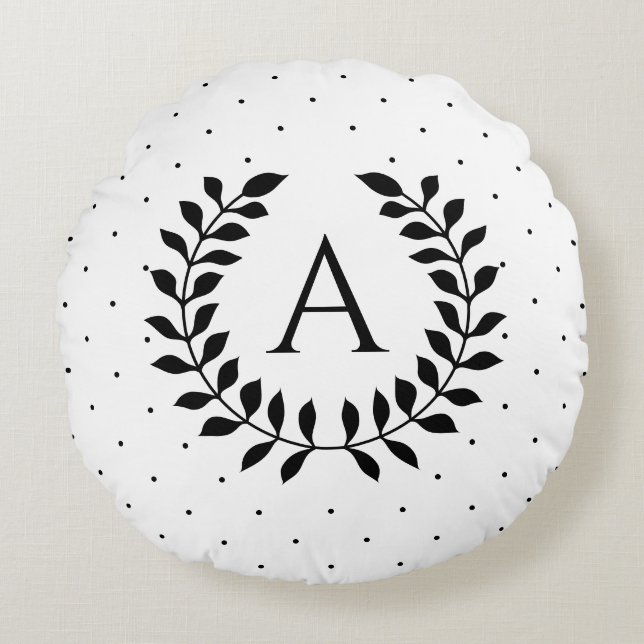 Almofada Redonda Black And White Laurel Monogram Polka Dot Pattern (Frente)