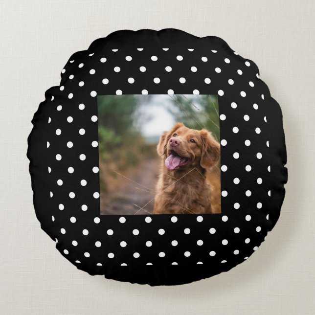 Almofada Redonda Black and white polka dot Dog pic (Frente)