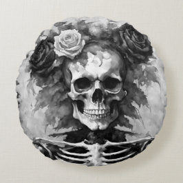 Almofada Redonda Black and White Skull with Roses Gothic Style