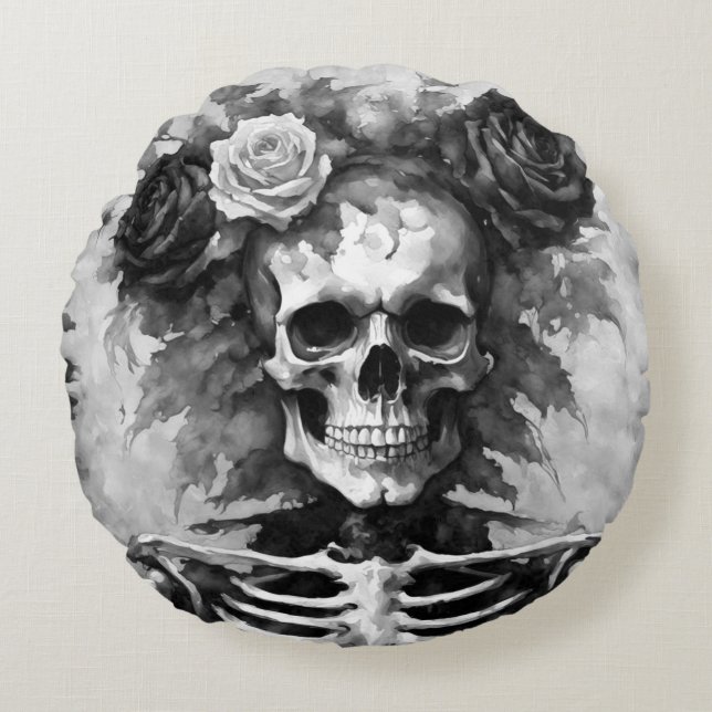 Almofada Redonda Black and White Skull with Roses Gothic Style (Frente)