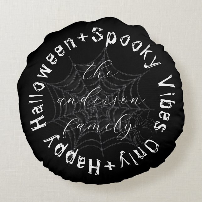 Almofada Redonda Black and White Spooky Spider Web Happy Halloween (Verso)