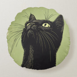 Almofada Redonda Black Cat Vintage Lino Impressão Round Cushion