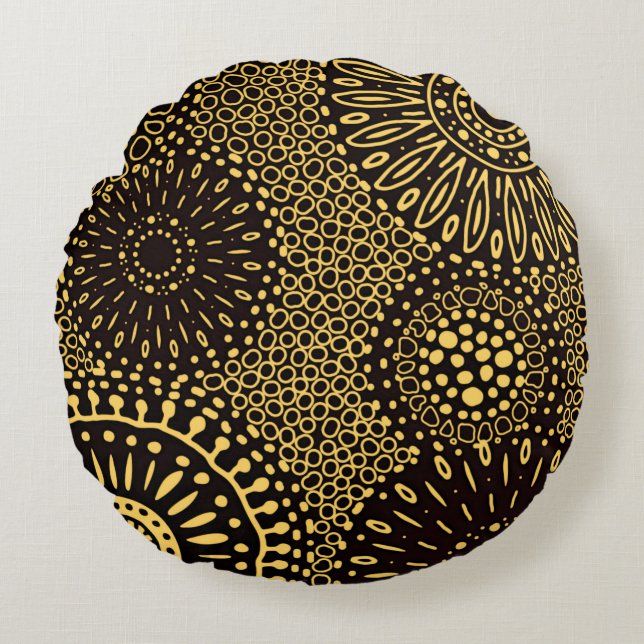 Almofada Redonda Black Gold Ethnic Floral Decorative Round Pillow (Frente)