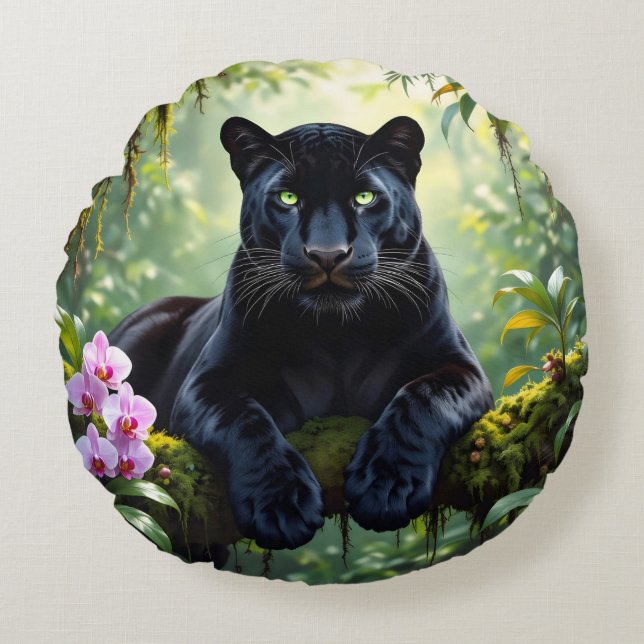 Almofada Redonda Black Panther in the Jungle (Frente)