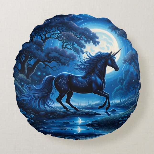 Almofada Redonda Black Unicorn Fantasy Full Moon (Frente)
