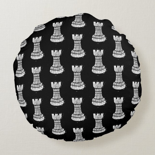 Almofada Redonda Black & White Chess Figures Linocut Rook (Verso)