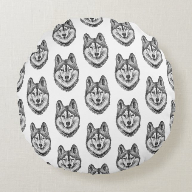 Almofada Redonda Black & White Ink & Watercolor Siberian Husky (Frente)